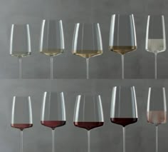 several different types of wine glasses lined up in a row on a gray surface with white, red, and grey background