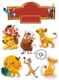 the lion king stickers are shown in various sizes and colors, including one for each character