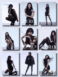 a series of photoshopped images of women in black clothing and stockings, with the words zero on them