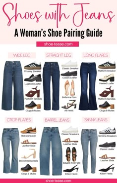 All the jeans and shoes pairings you need! Learn about which shoes to wear with jeans, shoes for wide leg jeans, shoes with straight leg jeans, shoes to wear with flare jeans and more in my comprehensive shoes and jeans styling post, written by at stylist at shoe-tease.com! Shoes With Straight Leg Jeans, Straight Leg Jeans Shoes, Shoes For Wide Leg Jeans, Shoes With Flare Jeans, Shoes To Wear With Flare Jeans, Shoes To Wear With Jeans, Wide Leg Jeans Shoes, Flare Jeans Shoes, Jeans Styling