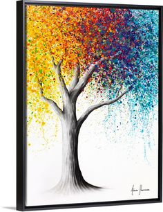 an abstract tree with multicolored leaves on it's trunk is shown in black frame