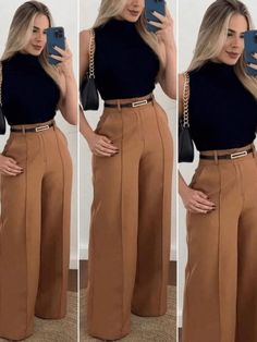 calça feminina alfaiataria com cinto tendencia 2024 Caramelo Casual    Simples Perna Larga   Women Clothing, size features are:Bust: ,Length: ,Sleeve Length: Office Outfits Women, Classy Work Outfits, Trendy Fall Outfits, Classy Casual Outfits, Stylish Work Outfits