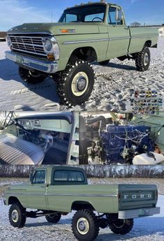 four different pictures of trucks in the snow