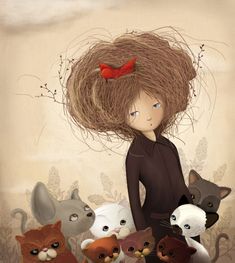 a painting of a girl surrounded by cats and kittens with her hair in the air