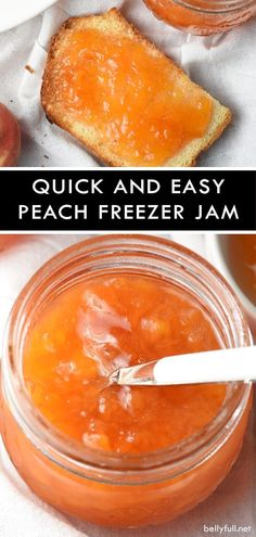 two images showing how to make peach freeze jam in mason jars, with text overlay that reads quick and easy peach freeze jam