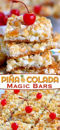 pine colada magic bars are stacked on top of each other and topped with cherries