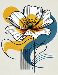 an abstract painting with white and yellow flowers