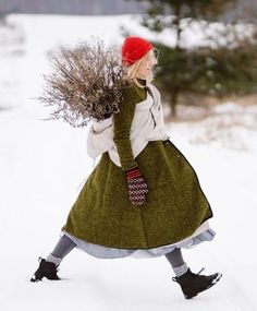 Yule Outfit, Wooly Jumper, Boots Socks, Snow Outfit, Winter Girls, Green Coat, Winter Aesthetic, Historical Clothing, Sewing Dresses