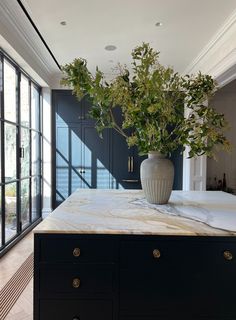 a vase with some plants in it sitting on a counter top next to large windows