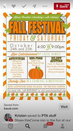 an orange and white flyer with pumpkins on it for the fall festival, friday & saturday