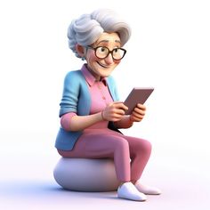 an old woman sitting on top of a ball while looking at a tablet