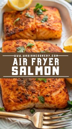 air fryer salmon on a plate with lemons and parsley