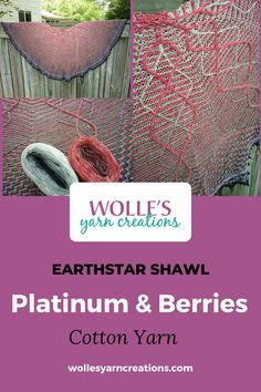 the cover of an article about yarns and crochet with text that reads earthstar shawl, platinn & berries cotton yarn