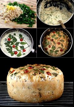 several pictures of different types of food in pans