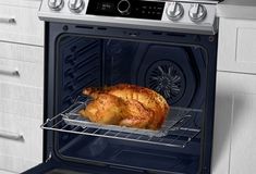 a chicken is cooking in an oven with the door open to reveal it's roasting pan