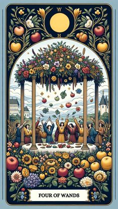 the four of wands in front of an arch with fruit and flowers on it