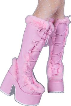 CAMEL-311 Pastel Pink Fluffy Boots-Demonia-Tragic Beautiful Pink Fitted Winter Boots, Fitted Pink Winter Boots, Pink Round Toe Boots For Winter, Trendy Pink Winter Boots, Trendy Faux Fur Boots With Round Toe, Winter Platform Boots With Faux Fur Trim, Faux Fur Platform Boots With Round Toe, Faux Fur Lined Platform Boots With Round Toe, Faux Fur Lined Round Toe Platform Boots