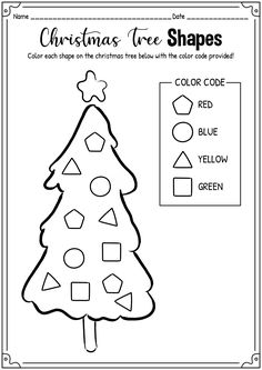 christmas tree shapes worksheet for kids to color and practice the shape recognition skills