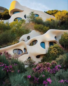 an unusual house on the side of a hill with purple flowers in front of it