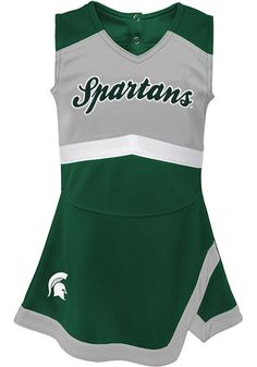 Get your future MSU fan excited to show their spirit in this Michigan State Spartans Toddler Girls Green Cheer Sets! Give them something to cheer about with this Cheer Sets, which features a self applique and embroidery team graphic. Girl Captain, Cheer Dress, Cheer Captain, Cheer Uniforms, Cheer Uniform, Cheer Outfits, Dallas Cowboys Cheerleaders, Michigan State Spartans, Trending Haircuts