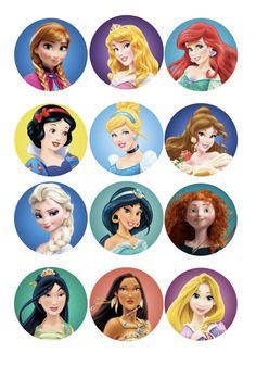 the disney princesses are all in different styles and sizes, including one with long hair