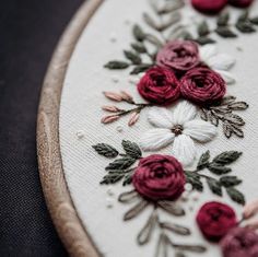 a close up of a embroidery on a piece of cloth with red and white flowers