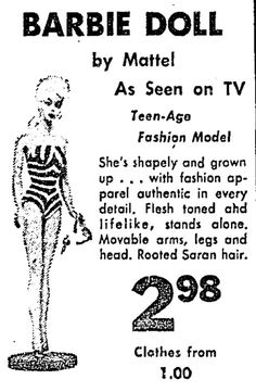 an advertisement for barbie dolls from the 1950's, featuring a woman in a bathing suit