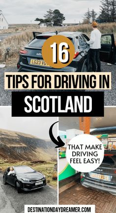 a black car parked on the side of a road with text overlay reading 16 tips for driving in scotland that make driving feel easy