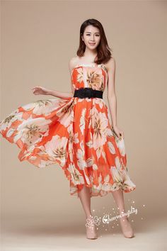 32 Colors Orange Flowers Chiffon Skirt Long Maxi Sundress Beachdress Holiday Dress Women Summer Pleat Dress Beach Skirt Plus Size Dresses YM019 Detail Info: ❤ Color: orange flower as picture More color choice, https://www.etsy.com/listing/213656440/chiffon-dress-color-card?ref=shop_home_feat_1 ❤ Material: Chiffon Waist 60-100cm, the length is from waist line to bottom hem, Please choose the length according to your height and note your waist size with order. ❤ Care: machine wash cold and gentle, A-line Chiffon Dress For Vacation, Chic A-line Chiffon Dress For Beach, Chiffon A-line Beach Dress, Casual Chiffon Maxi Dress Beach Cover-up, Flowy Chiffon Dress For Summer Day Out, Summer Vacation A-line Chiffon Dress, Flowy Summer Casual Chiffon Dress, Summer Casual Flowy Chiffon Dress, Casual Summer Flowy Chiffon Dress