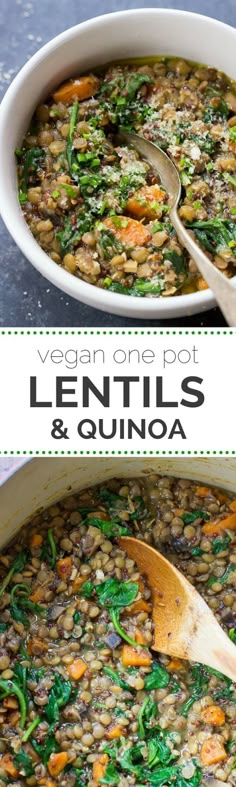 lentils and quinoa in a white bowl with a wooden spoon on the side