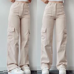 Beige High Waist Non-stretch Cargo Pants, High Waist Non-stretch Beige Cargo Pants, Kargo Outfits, Beige Full-length Cargo Jeans For Spring, Celana Kargo, Celana Fashion, Cute Pants, Mode Casual, Women Cargos