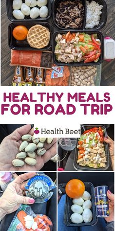 healthy meals for road trip with text overlay