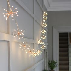 some lights are hanging on the wall near a potted plant