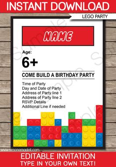 the lego birthday party is set up on wooden planks with text and instructions to make it