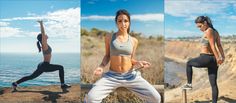 a woman doing yoga poses on top of a hill near the ocean and mountains with her hands in the air