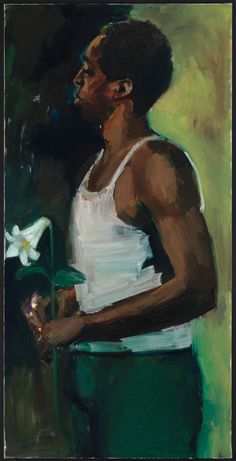 a painting of a woman holding a flower in her right hand and wearing a white tank top