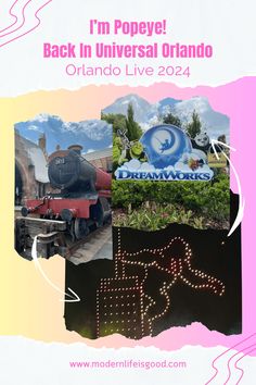 an advertisement for the back in universal orlando attraction, including a train and other things