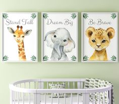 three baby animal prints on the wall above a crib