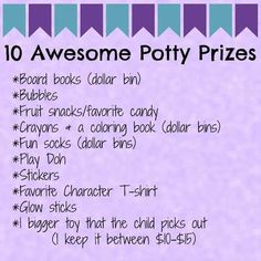 a purple and blue poster with words that say, 10 awesome potty prizes