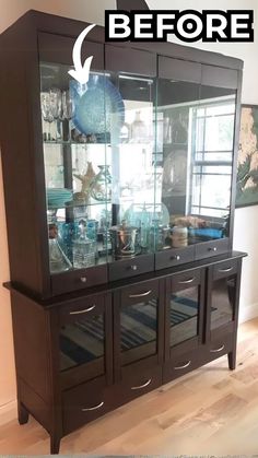 an empty china cabinet is shown before and after remodeling