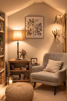 a living room with a chair, ottoman and bookshelf filled with various items