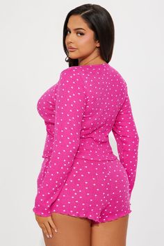 Available In Hot Pink. 2 Piece PJ Set All Over Heart Pattern Ribbed Long Sleeve Top Cinch Up Front Lettuce Edge Matching Short Elastic Waistband Final Sale Disclaimer: Pattern Print Placement May Vary 97% Polyester 3% Spandex Imported | Love You More Ribbed PJ Short Set in Hot Pink size 3X by Fashion Nova Hot Lounge Wear, Sleeping Clothes, Pajama Short Set, Hot Pink Fashion, Lovely Princess, Pajama Short, Ribbed Long Sleeve Top, Cute Pjs, Sleep Clothes