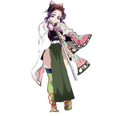 an anime character with purple hair and green pants holding a butterfly on her shoulder, while standing