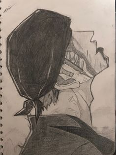 a pencil drawing of a man with a flower in his hair looking down at the ground