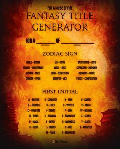 the poster for fantasy title generator, featuring an image of a fireball with words on it