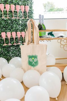 Hedge Champagne Wall with Tote Bags, Visors and Water Bottles for Bach to the Country Club Bachelorette Party Theme Club Bachelorette Party, Bachelorette Accessories, Troop Beverly Hills, Bachelorette Party Theme, Bridal Shower Themes, Party Setup