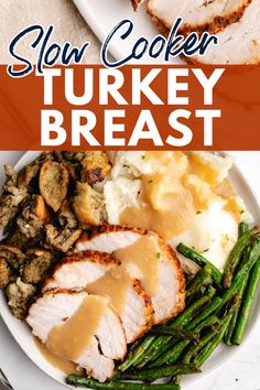 Close up view of turkey and gravy on a white plate. Crock Pot Turkey Breast, Crockpot Turkey Breast, Thanksgiving Turkey Breast, Crock Pot Turkey, Turkey Breast Crockpot, Turkey Crockpot Recipes, Cooking Turkey Breast, Slow Cooker Turkey Breast, Crockpot Turkey