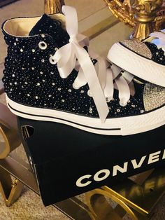 Black Bling Converse Shoes, Converse With Rhinestones, Prom Converse Shoes, Black Bedazzled Converse, Diamond Converse, Black Bling Converse, Bedazzle Clothes, Wedding Converse Bride, Bedazzled Converse