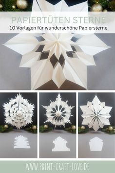 an origami snowflake made out of paper with the words papiettin sterne on it