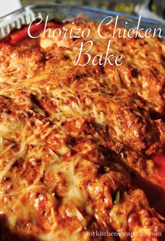 a close up of a casserole in a pan with the words cheesy chicken bake